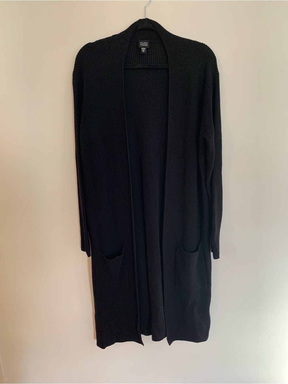 Vintage Eileen Fisher Black Long Open-Front Knit Cardigan